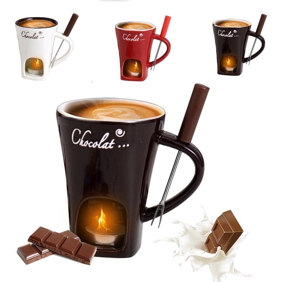 Chocolate Fondue Mug, Ceramic Chocolate Fondue Mug Set with Fork Personal Fondue Mugs Melting Pot for Chocolate, Cheese, Butter, Suitable for Home Party Wedding