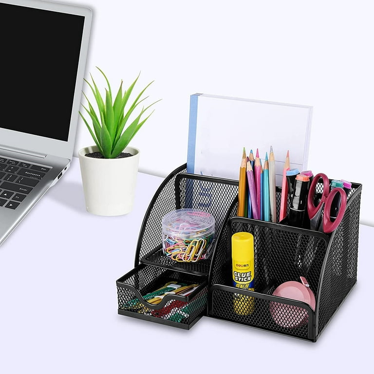 Vedett Office Desk Organizer with 6 Compartments + Pen Holder / 72 Accessories, Desk Accessories Organizers for Office, Home, School (Black)