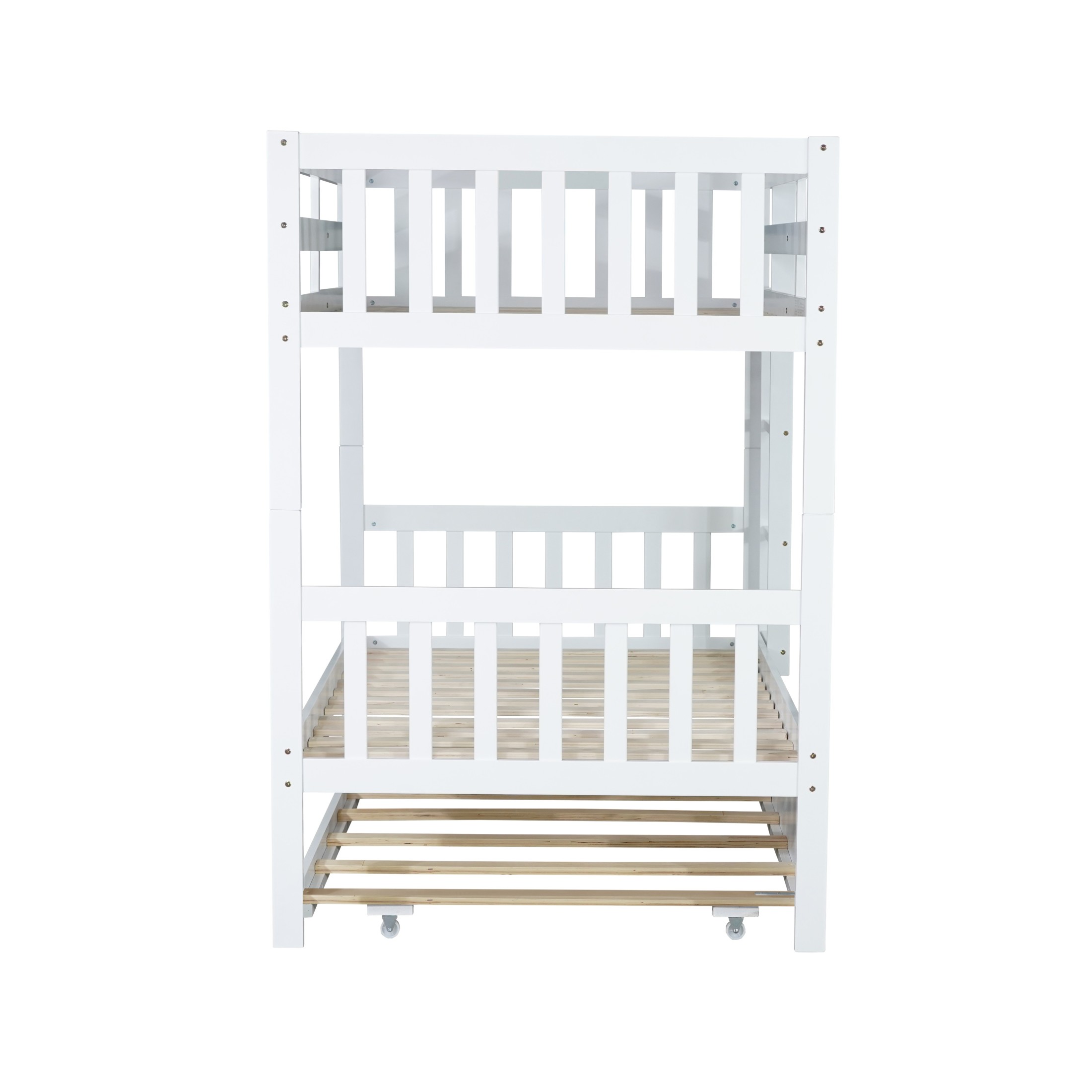 Noble House Twin Over Twin Bunk Bed with Trundle, Rubber Wood Frame with Ladder and Guardrails, Convertible, White