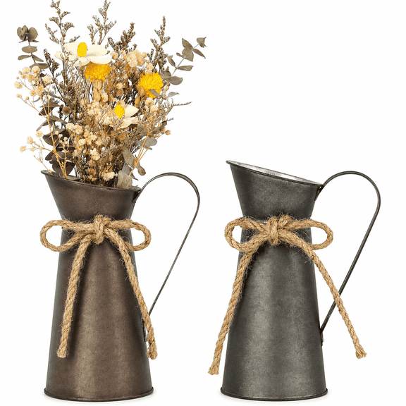 ABCISI Vintage Metal Milk Jug Vases 2 Pack, 7.87 Inch Rustic Flower Pitchers with Handles and Jute Bows, Farmhouse Decorative Vases for Home, Wedding, Table and Shelf Decor