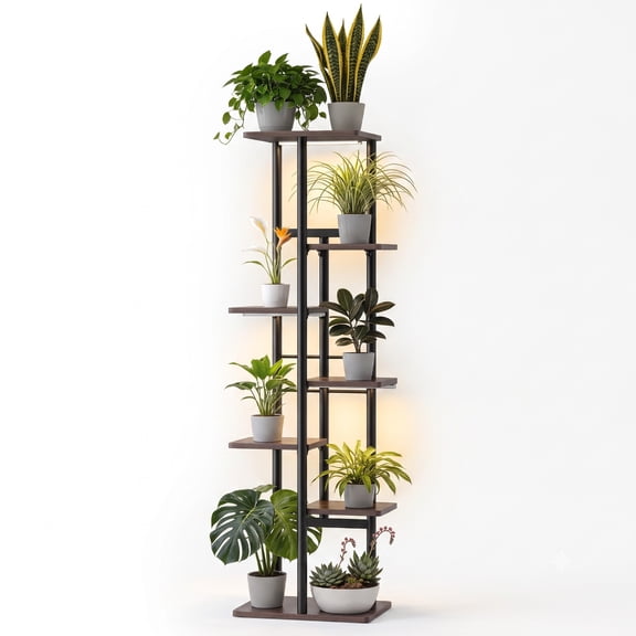 UNTIMATY 7-Tier Plant Stand with Grow Lights Tall Corner Flower Pot Stand Wood Plant Shelf with 3 Light Bars and Timer for Indoor Use, 14.17" x 9.25" x 47.24"