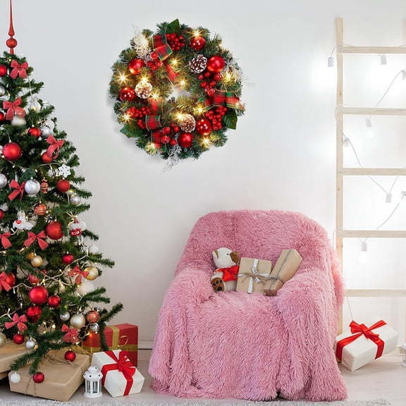 Pre-Lit Christmas Wreath for Front Door, 18-Inch Lighted Holiday Wreath with Timer, Red Berries, Pine Cones & Plaid Bow