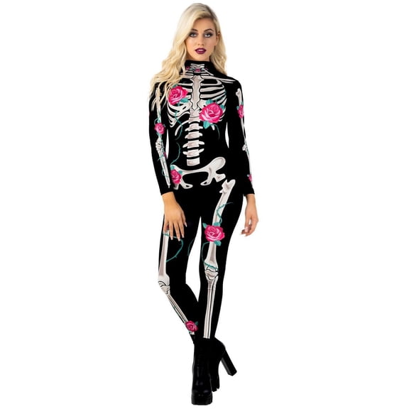 Morph Morph Skeleton Bodysuit Women Adult Halloween Costume, Spooky Skeleton Outfit for Women, Perfect for Halloween Parties Halloween Costume for Women Black Large