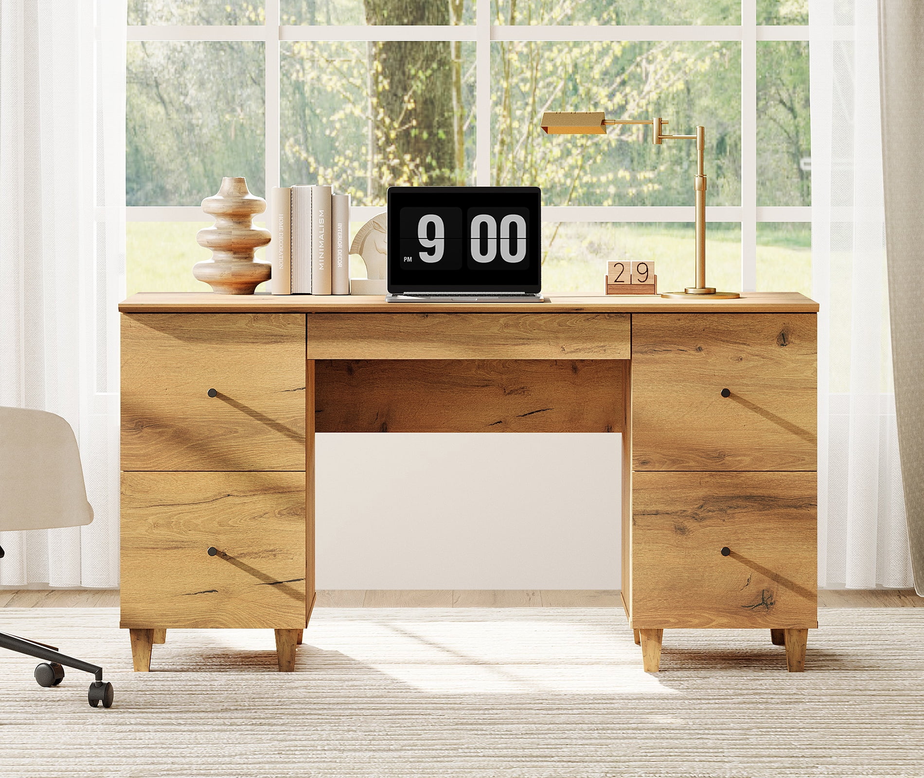 58" Executive Desk with 5 Drawers, Modern Farmhouse Home Office Computer Table with Charging Station, Oak Brown