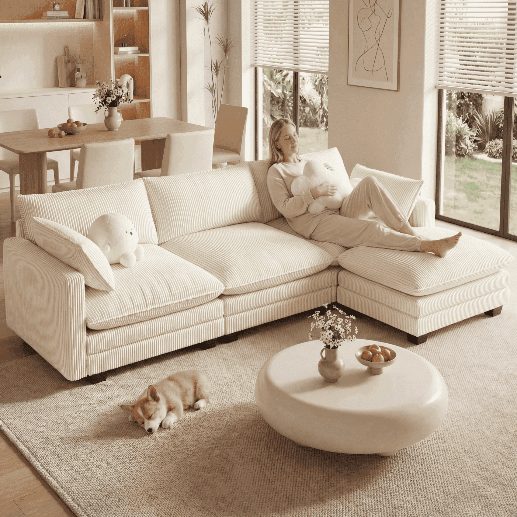 110'' Oversized L Shaped Corduroy Cloud Couches with Ottoman and Washable Cover for Living Room, Modern 4 Seater Cloud Sofa with Comfy Deep Seat and Throw Pillows for Apartment, Beige
