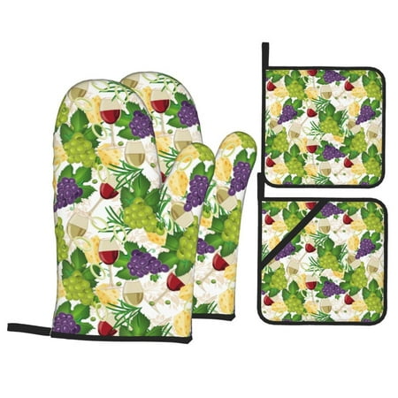 

Oven Mitts and Pot Holders 4 pcs Set Wine Bottle Grape Heat Resistant Pot Holders Oven Mitts for kitchen Non-Slip Hanging Loop Oven Glove Potholders for Baking Cooking