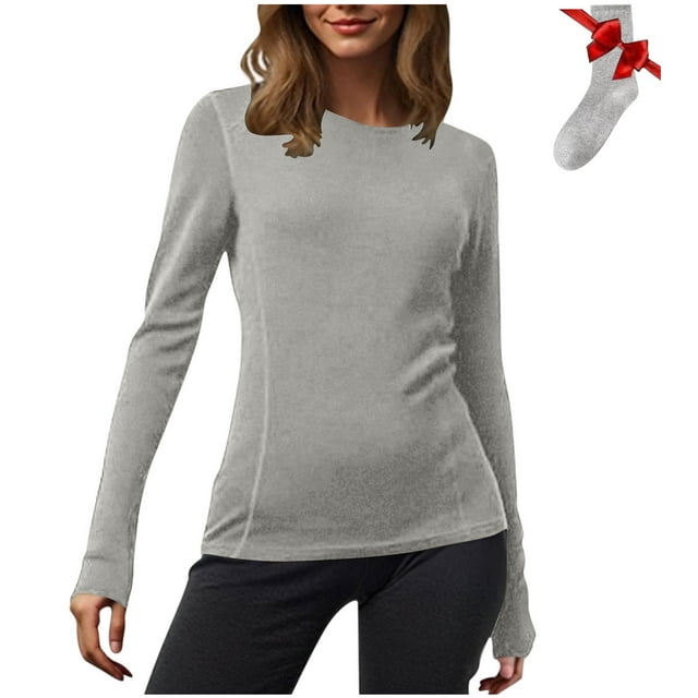 Yuyuzo Longues Chandails à Manches pour Femmes, Couche de Base Thermique Légère, T-Shirts à Col Rond, Hauts Chauds et Confortables avec Chaussettes