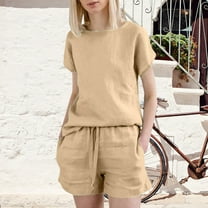 Riforla Women's Summer Fashion Casual Two Piece Outfits Crew Neck Short Sleeve Shirts and High Waist Shorts Sets Elegant Women's Sets Khaki XXL