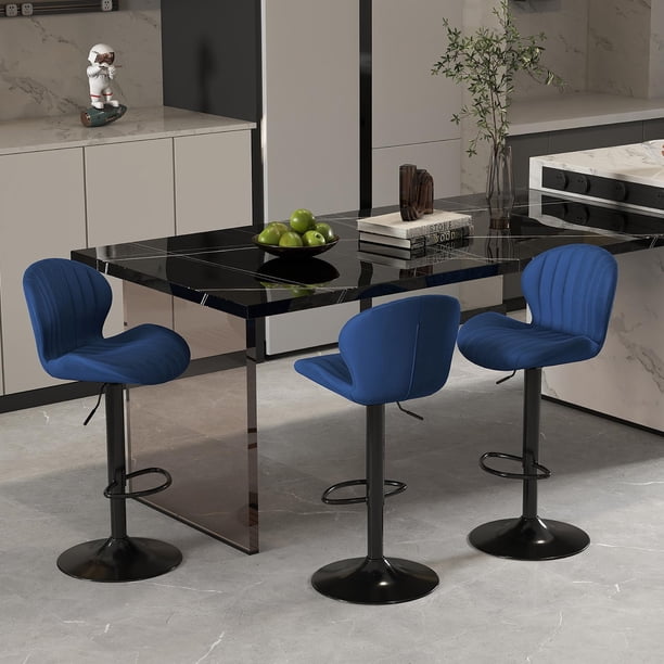 Taburetes de Bar Youhauchair de Terciopelo Ajustables Giratorios Azules Juego de 3