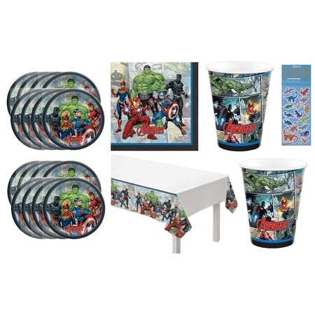 Avengers Birthday Party Supplies Bundle Pack includes 16 Plates 9", 16 Napkins, 16 Paper Cups, 1 Plastic Table Cover, 1 Dinosaur Sticker Sheet