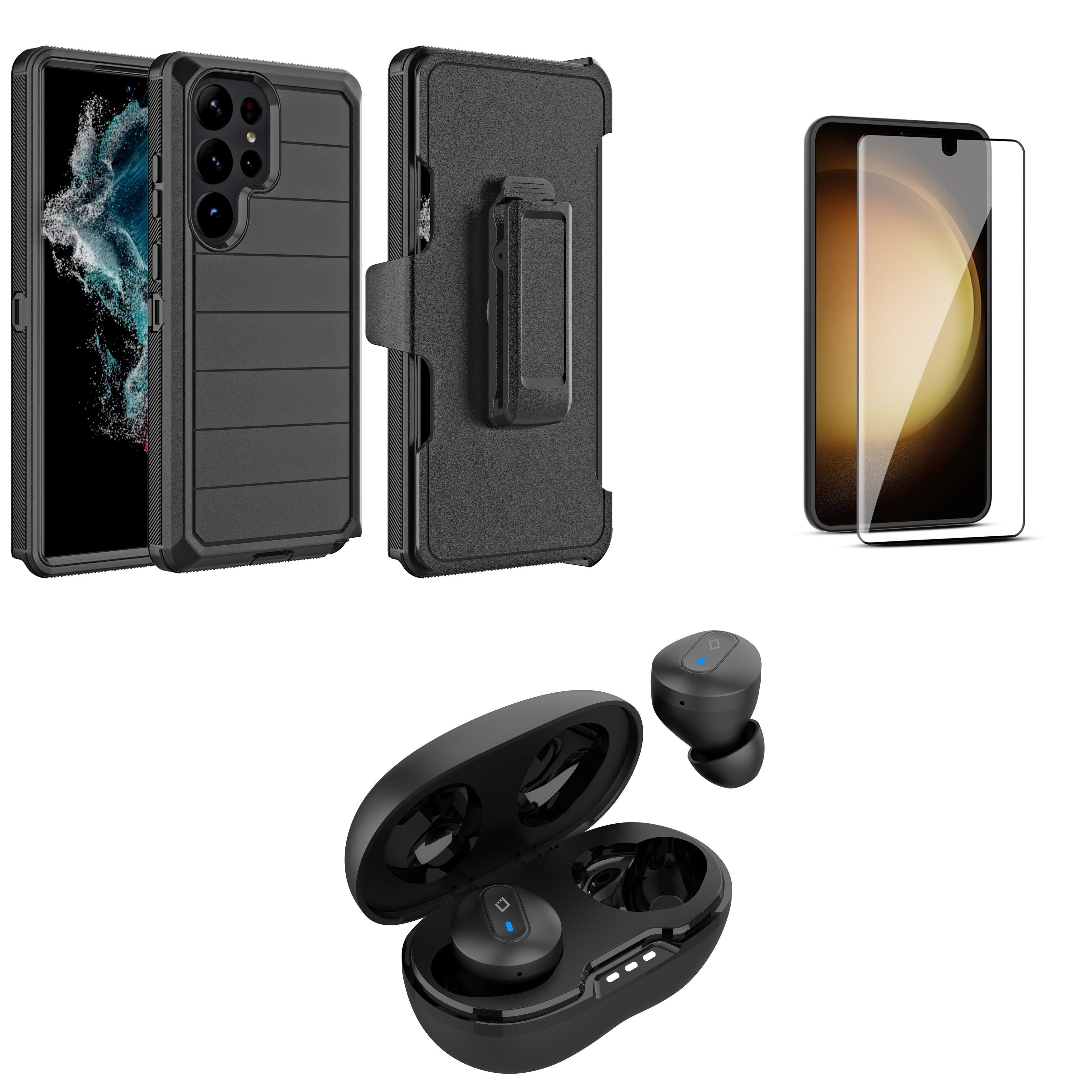 Accessories Bundle Kit for Samsung Galaxy S23 Ultra Case - Belt Holster  Clip Rugged Protection Cover (Black), Screen Protector, Premium Wireless  Earbuds, TWS with Charging Case 