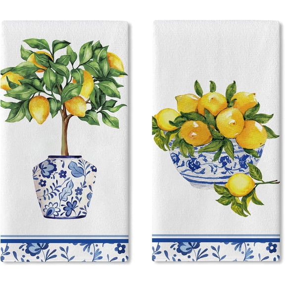 Italy Capri Lemon Tree Kitchen Dish Towels Set of 2, Amalfi Coast Citrus Blue White Porcelain Drying Hand Towel Baking Cooking Cloth, Summer Mediterranean Bathroom Home Decoration 18'' x 26''