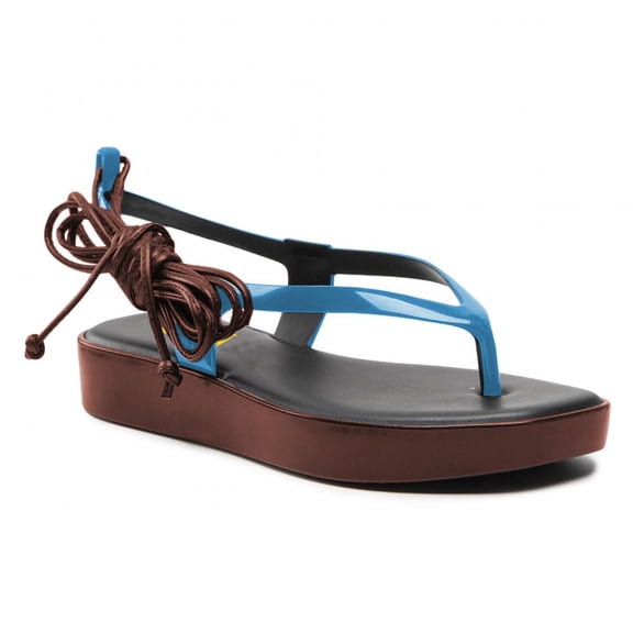 FSJ Women Open Toe Thong Sandals Flatform Ankle Strap Lace up Sandals Summer Beach Outdoor Shoes Size 8 Blue-Brown