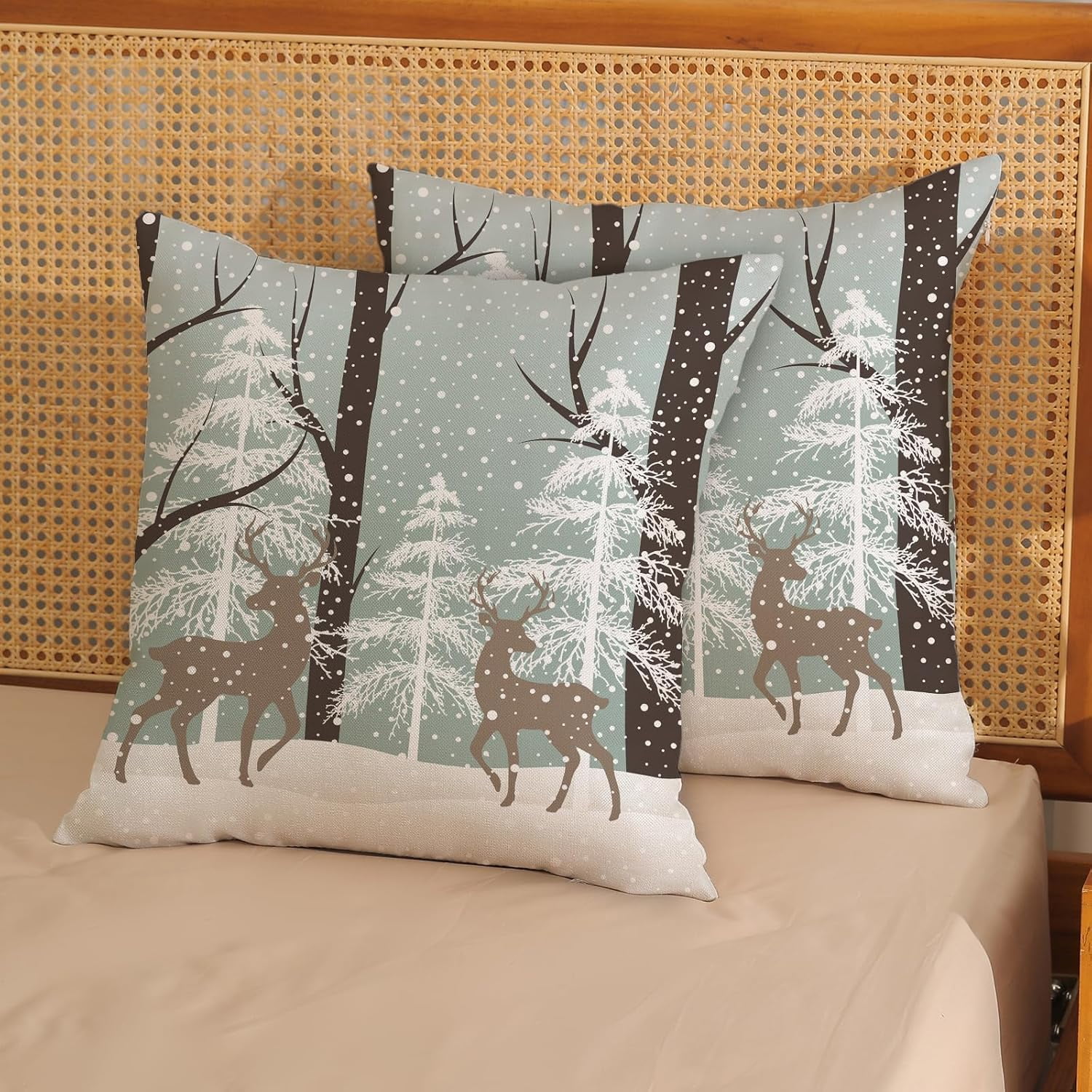 Rustic Snowy Winter Deer Pillow Cover - 16x24 Inch, Double-Sided Print, Hidden Zipper