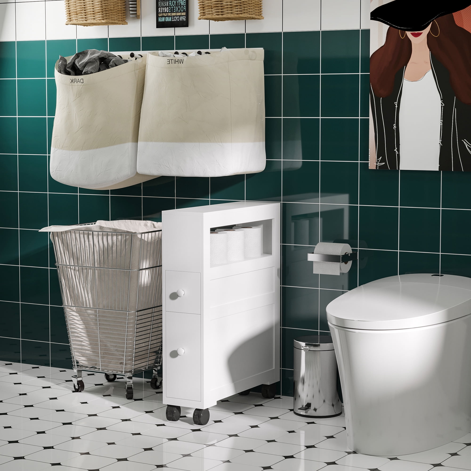 HOMCOM 6.25 x 20.5 x 28.25 Wood Rolling Narrow Bathroom Side Storage Cabinet - White
