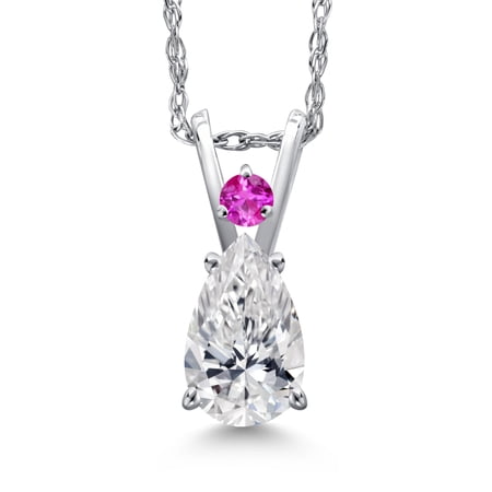 Gem Stone King 14K White Gold DEF Lab Grown Diamond and Pink Sapphire Pendant Necklace for Women | 0.57 Cttw | Gemstone April Birthstone | Pear Shape 7X5MM | With 18 inch Chain