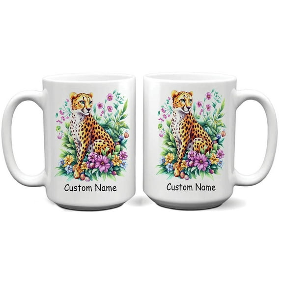 Personalized Cute Cheetah Coffee Mug 11oz 15oz - Custom Name Ceramic Cup - Best Gift for Cheetah Lovers, Parents, Girlfriend, Siblings, Kids, Animal Enthusiasts