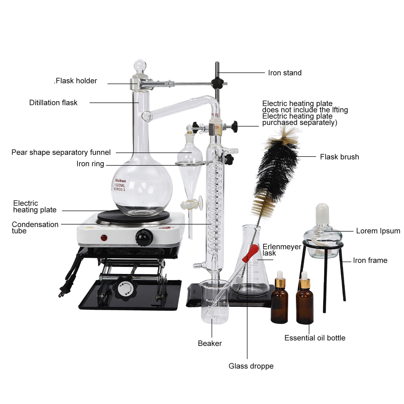 1000W Essential Oil Distillation Apparatus Lab Home Glassware Distillation Kits 1000ml