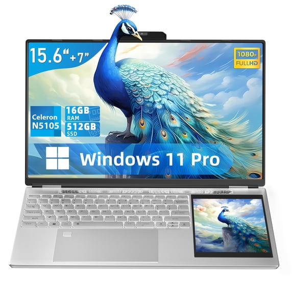 Dual Screen Laptop 15.6" LCD   7" Touchscreen, Intel Celeron N5095, 16GB DDR4 RAM, 512GB SSD, (Win 11 Pro   Office 2019), Color Backlit Keyboard, Type-C, Portable Computer for Student & Business, Sil