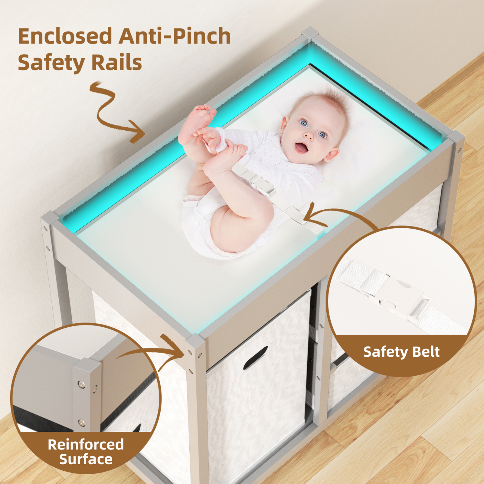 KORIMEFA Baby Changing Table with 3 Storage Drawers & Hamper , Portable Diaper Station, Space-Saving Nursery Organizer , Easy Assembly (Gray)