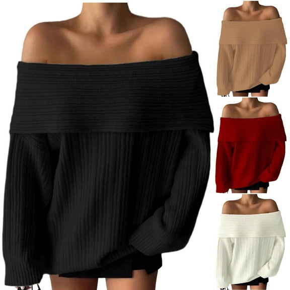 Aboser Off the Shoulder Sweaters for Women Trendy Fold Over Shirts Oversized Ribbed Knit Sweater Solid Color Long Sleeve Pullover Tops Cozy Loose Fitted Knitwear