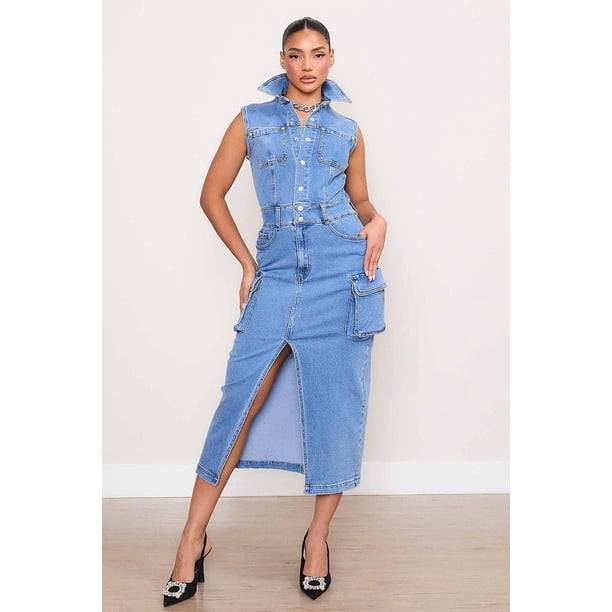 Vestido Midi Denim Roman Fashion 030 Azul Medio