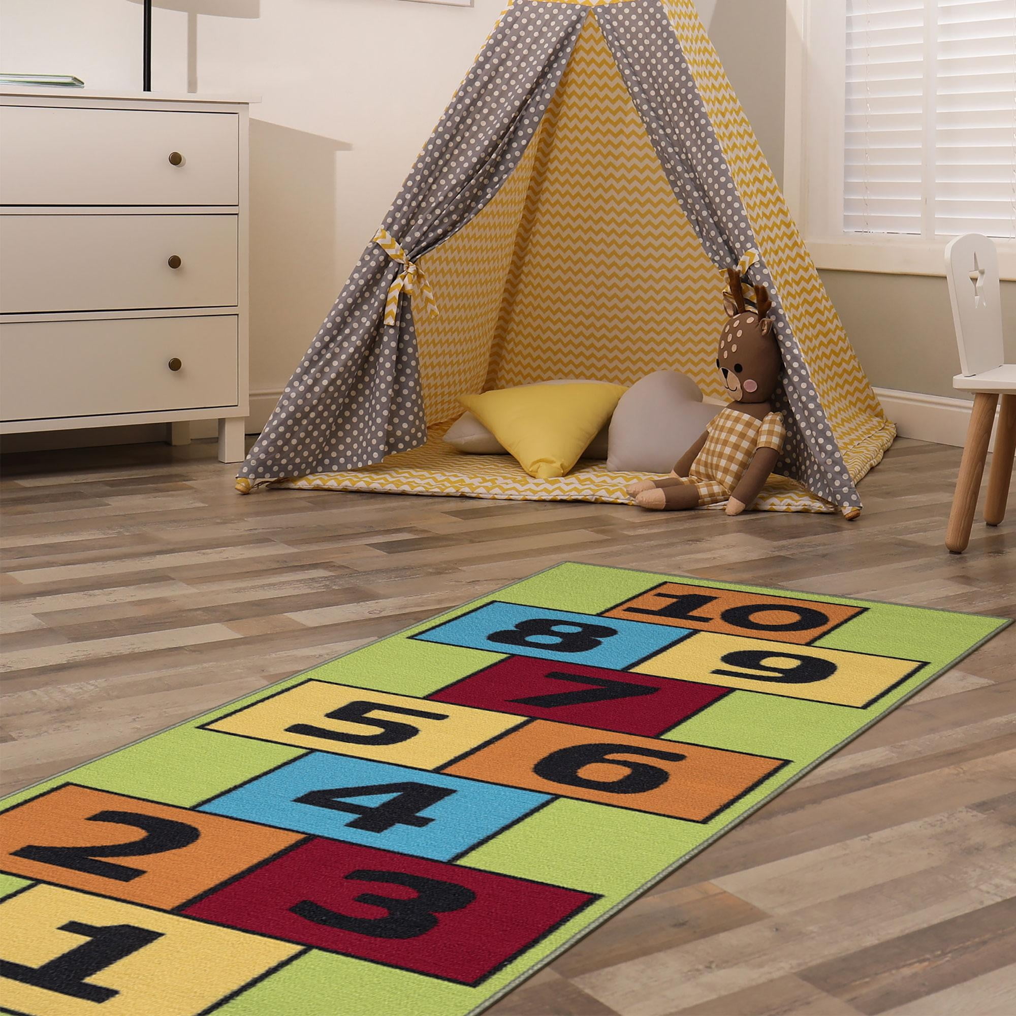 Ottomanson Hopscotch Non-Slip 3x6 Runner Rug for Kids Playroom, 2'7" x 6', Green