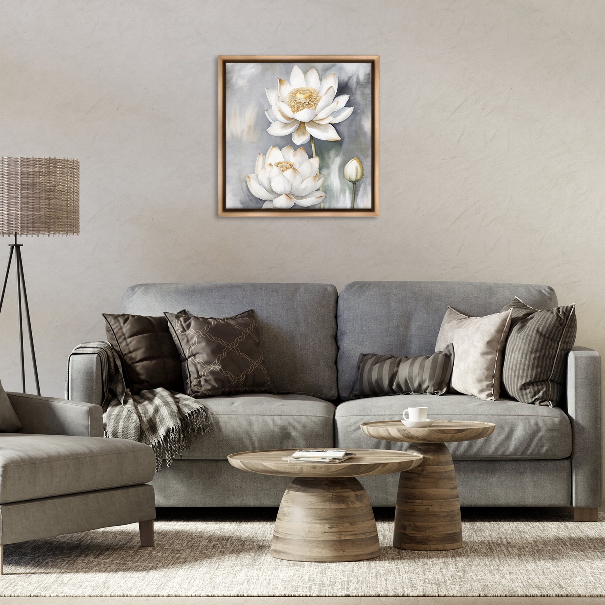 Stupell Industries Budding White Lotus Plants & Flowers Painting Brown Floater Framed Canvas Art Print Wall Art, 25 x 25