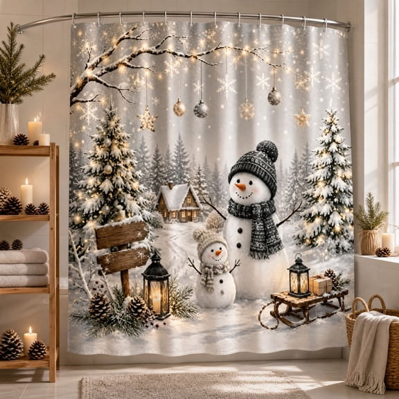 Christmas Shower Curtain with Pre-Attached Hooks, No Drill Waterproof Holiday Bathroom Curtain, Festive Xmas Bath Decor and Daily Shower Partition, Polyester
