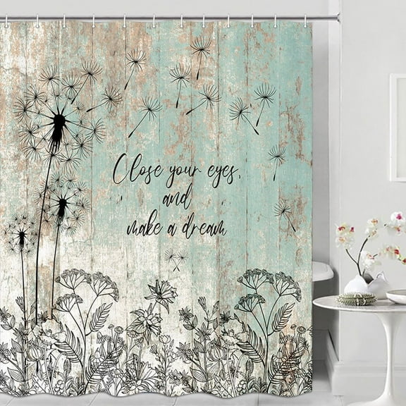Vintage Green Shower Curtain, Farmhouse Wood Board Shower Curtains Rustic Dandelion Floral Bathroom Shower Curtains Art Decor,Rustic Fabric Restroom Curtains with 12 PC Hooks