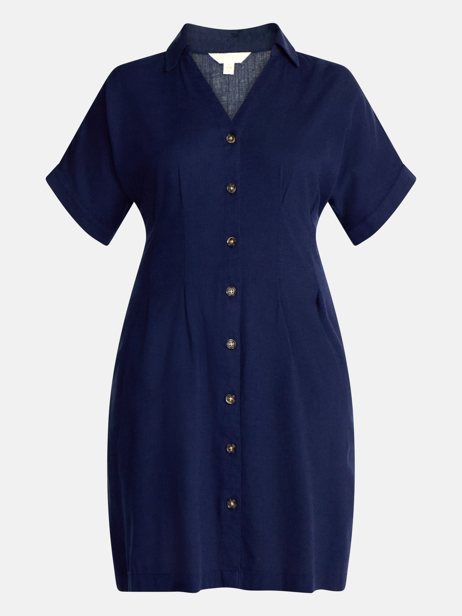 Time and Tru Women's Linen Blend Pleated Mini Shirtdress with Short Sleeves, Sizes XS-XXXL
