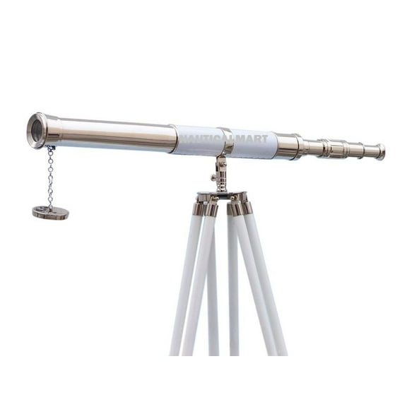 Nautical Floor Standing Chrome White Leather Admiral Telescope 60" - Telescope With Free Gold Wire Basket