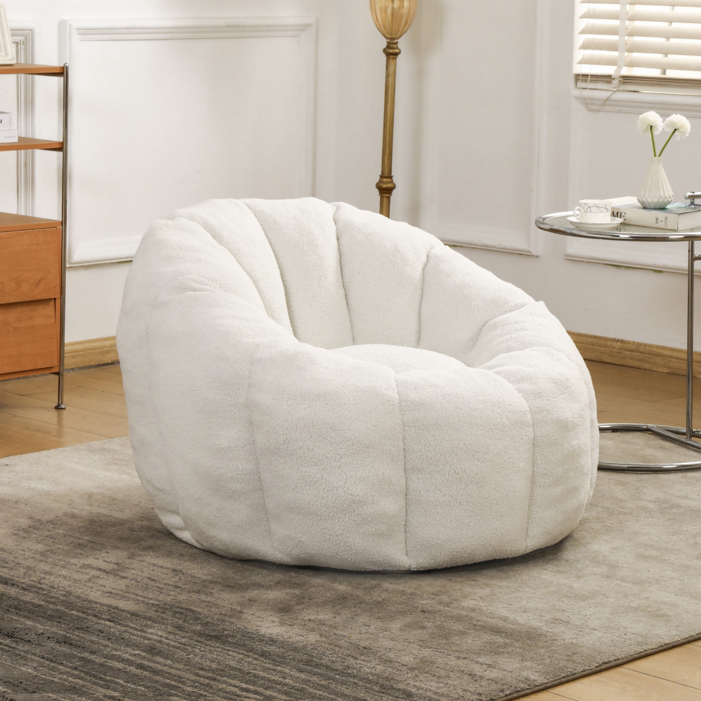 Bean Bag Chair for Adults, Faux Fur Memory Foam Bean Bag Sofa with Armrests, Fluffy Lazy Chair for Living Room Bedroom, White