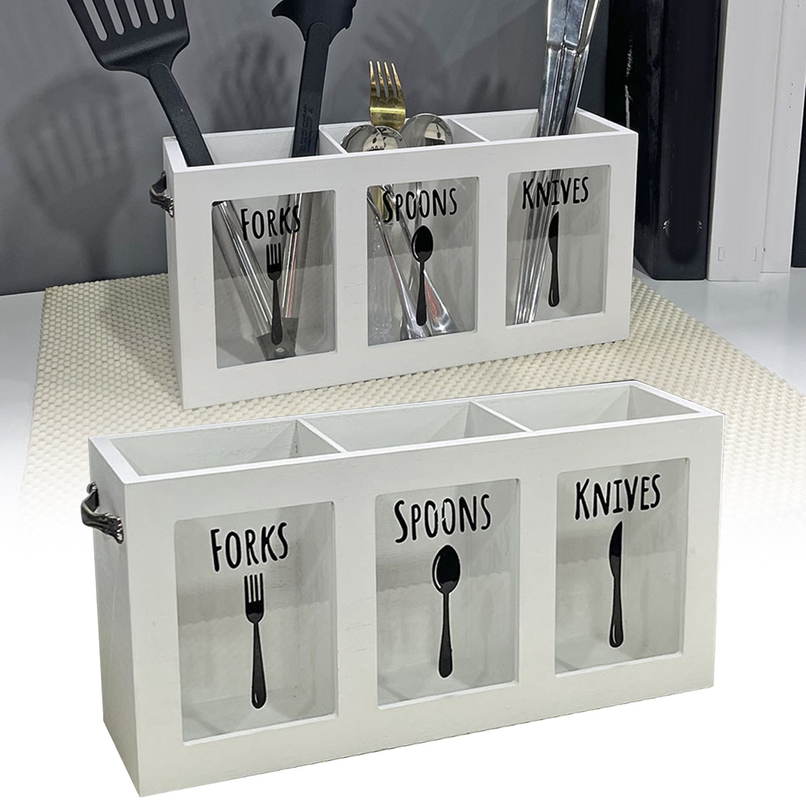 Wood Flatware Organizer, Rustic Utensil & Silverware Holder for Forks, Spoons, Knives, Farmhouse Kitchen Cutlery Caddy Bin Countertop, 1 Pcs, 11.81x3.43x5.51"