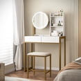 thumbnail image 2 of Makeup Vanity Desk with Mirror and Lights,Small Dressing Table with 2 Drawers & Open Shelves and Cushioned Stool,3 Lighting Modes for Bedroom,Small Space,Gold, 2 of 7