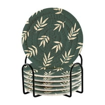 Yayeee 6 PCS Drink Coasters with Holder Set Woven Absorbent Round Tabletop Hot Pad, Beige Leaves