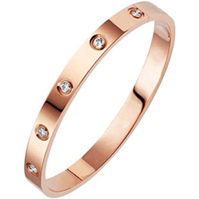 Brazalete clásico de acero inoxidable JAMW con circonitas cúbicas y diamantes, oro rosa, Sencillez