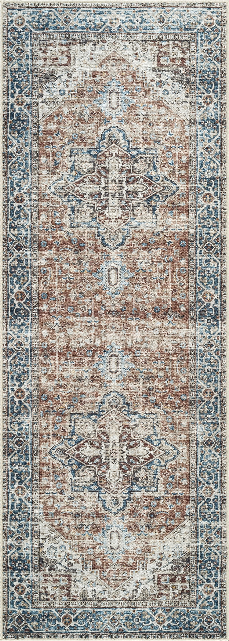 Bloom Rugs Washable Non-Slip 12 ft Runner - Terracotta / Blue Traditional Oriental Runner for Entryway, Hallway, Bathroom, and Kitchen - Exact size: 2'6" x 12'