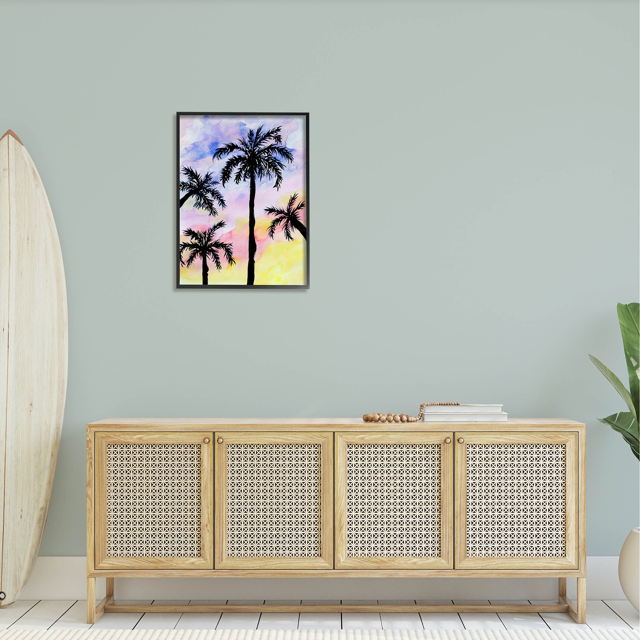 Palm Tree Silhouettes Sunset Sky Botanical & Floral Graphic Art Black Framed Art Print Wall Art
