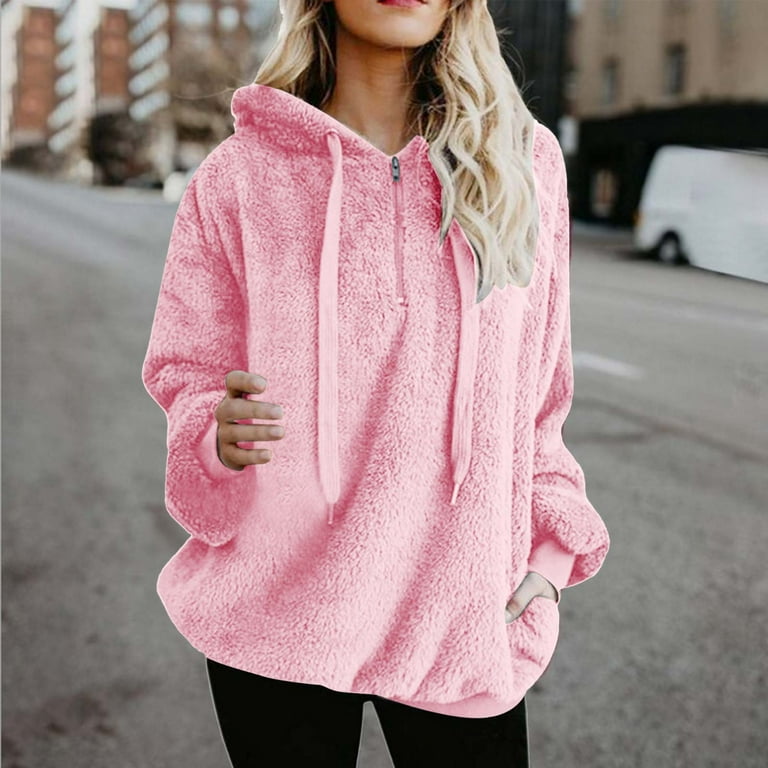 WCMZJ Womens Oversized Sherpa Hoodies Fuzzy Fleece Hooded Sweatshirt Winter Cozy Warm Pullover Fluffy Outwear with Pockets Pink XL Walmart