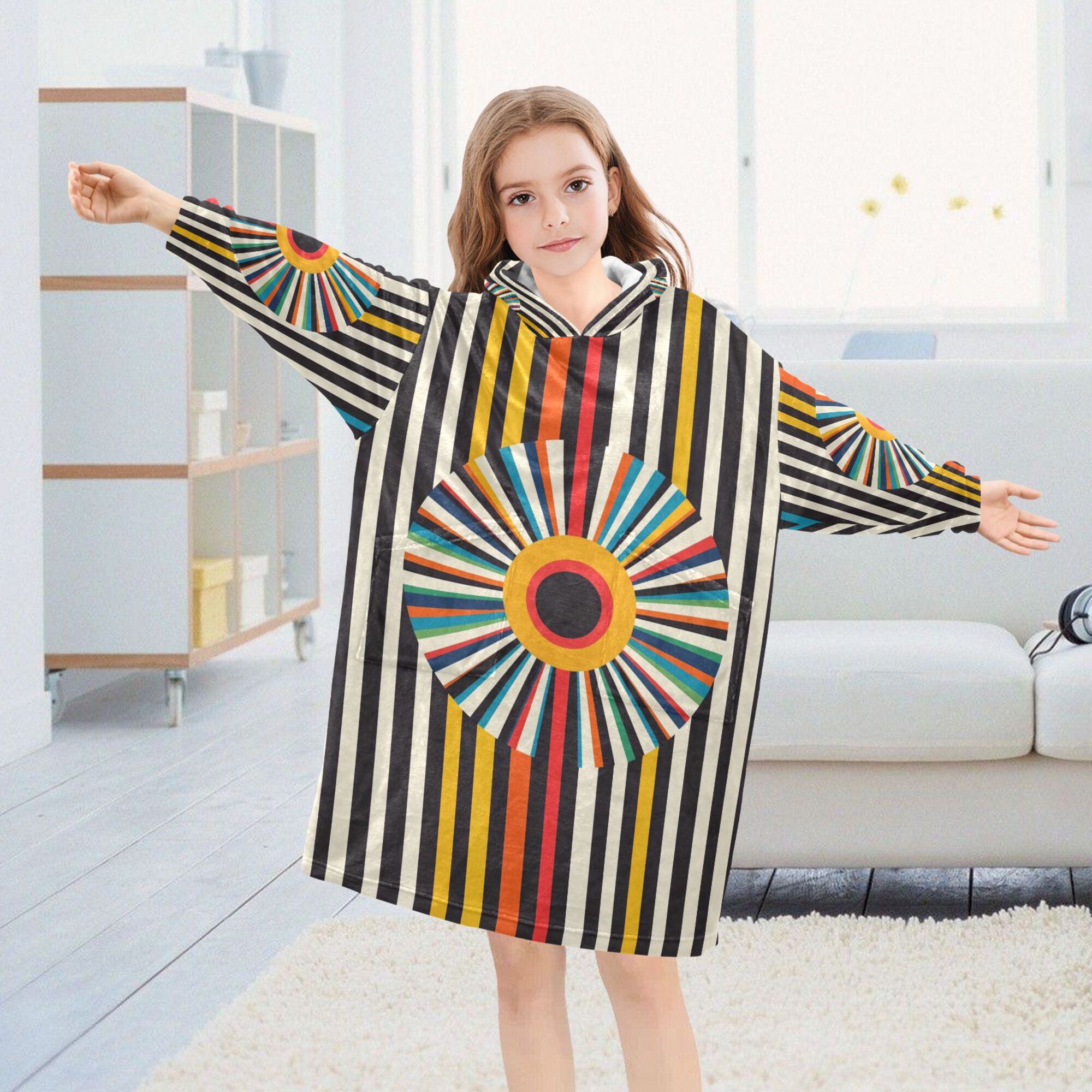 FORMRS Wearable Blanket Hoodie with Sleeves for Kids Cozy Flannel Sweatshirt, Geometric Stripes