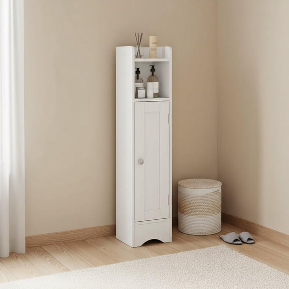 GVN Slim Corner Bathroom Cabinet with 1 Door and Adjustable Shelves for Small Space Bathroom Toilet Vanity Narrow Laundry Room Storage Organizer, White