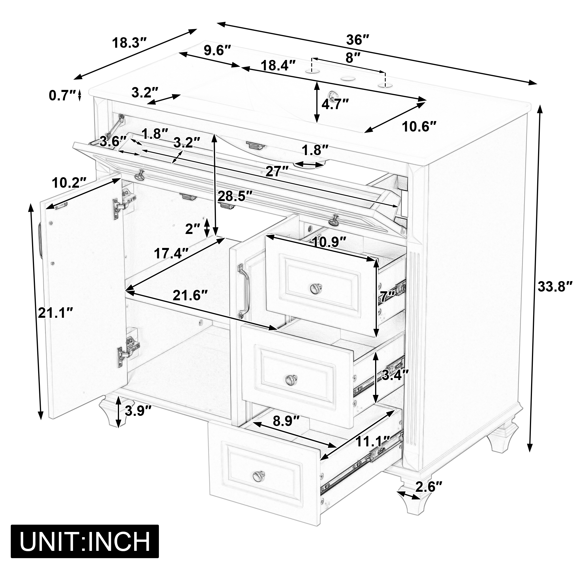 Euroco 36" Bathroom Vanity with Sink, Green Solid Wood Bathroom Cabinet with Flip Drawer, 3 Drawers & 2 Doors, Elegant Design with Golden Metal Handles, Modern MDF Vanity