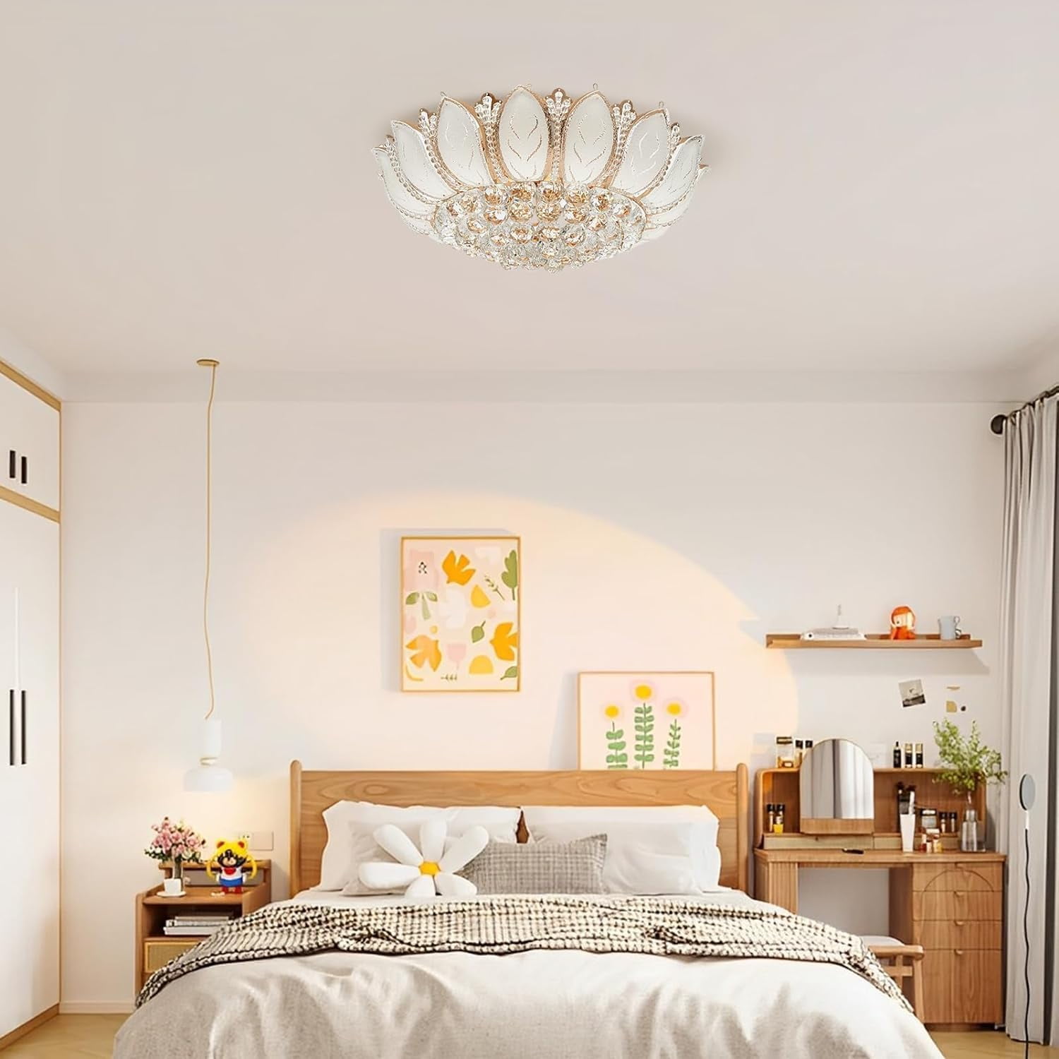 Crystal Ceiling Lamp Modern Chandelier 110V Gold Flower Shape Pendant Light Fixture 23.5 in Bedroom Flush Mount Hanging Lamp for Living Room Bedroom Hallway (No Remote Control)