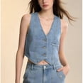 thumbnail image 6 of Karymi Short Sleeve Shirts for Women Light Wash Vintage Denim V‑Neck Button‑Front Cropped Vest, Sleeveless Pocket Detail Corset Style Waistcoat, Street Tank Top Going Out Tops for Women, 6 of 7