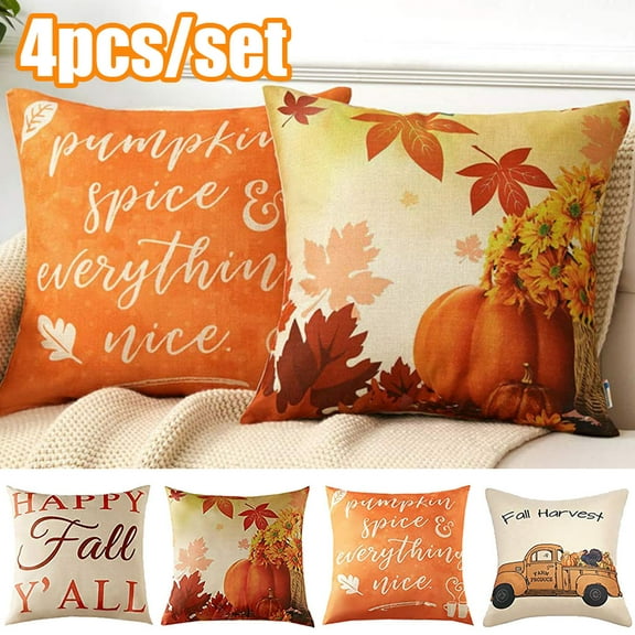 Travelwant 4Pcs/Set Fall Pillow Covers Autumn Theme Outdoor Throw Pillowcase 18x18Inches Farmhouse Thanksgiving Decorative Cotton Line Cushion Case for Home Decor