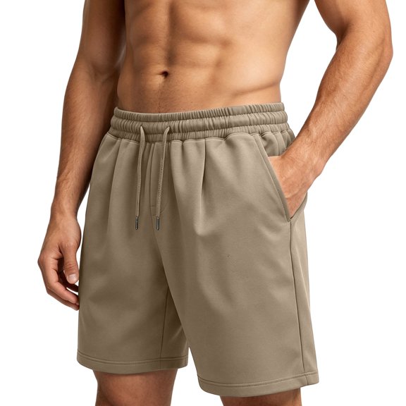 Men's Cotton Blend Straight Leg Sweat Shorts 7 Inch, Elastic Waist Drawstring Casual Shorts with Side Pockets, Loose Fit Breathable Workout & Lounge Shorts Khaki