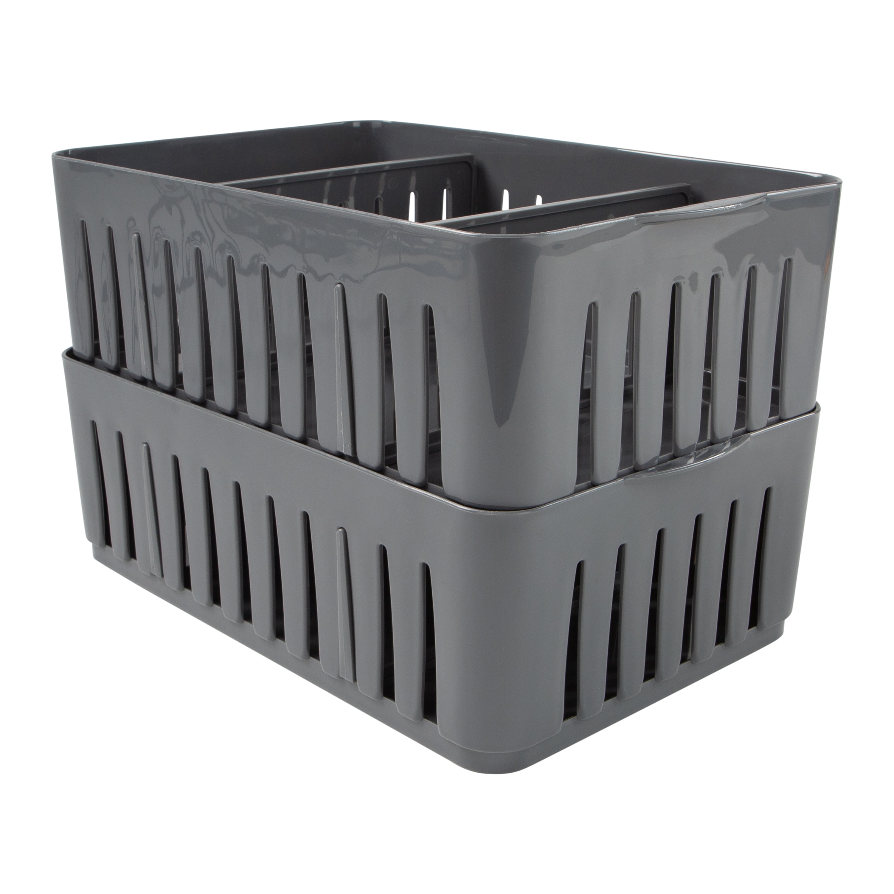 Simplify 2 Pack Stackable Plastic Organizer Bin Storage Basket with Adjustable Dividers in Grey