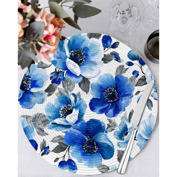 15 Inch Round Placemats Set of 4, Blue Flowers Non Slip Heat Insulation PP Table Mats, Spring Watercolor Leaves Floral Plants Washable Place Mats for Kitchen Dining Party Table Decor