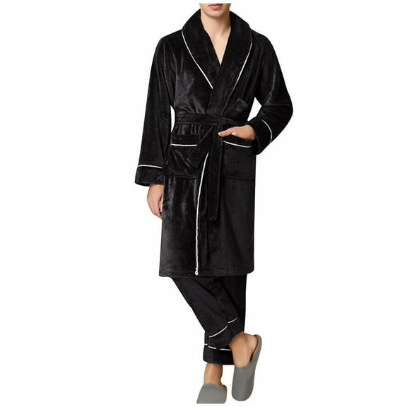 Wyobmus Men's Fluffy Fleece Robes Bathrobe Set Lightweight Soft Thicken Loungewear Nightwear Black